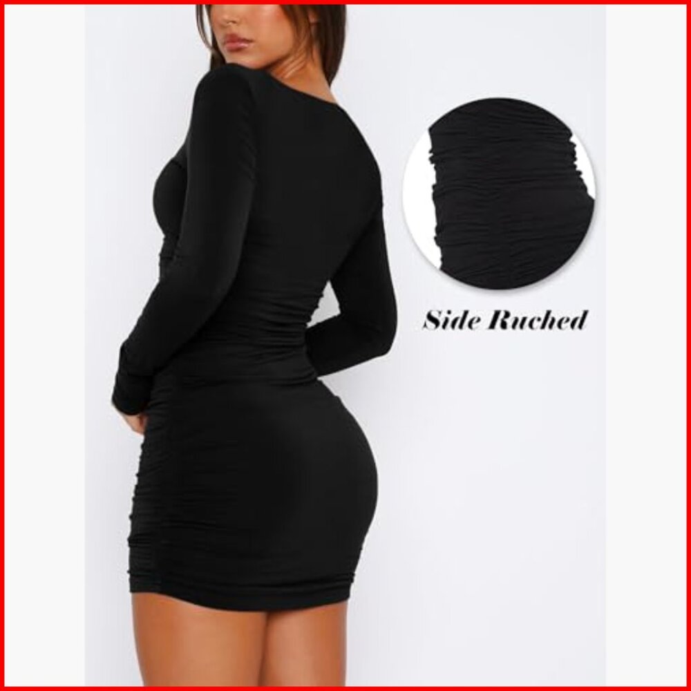 Long Sleeve Square Neck Bodycon Mini Dress Ruched Cocktail Party Club - Picture 6 of 7